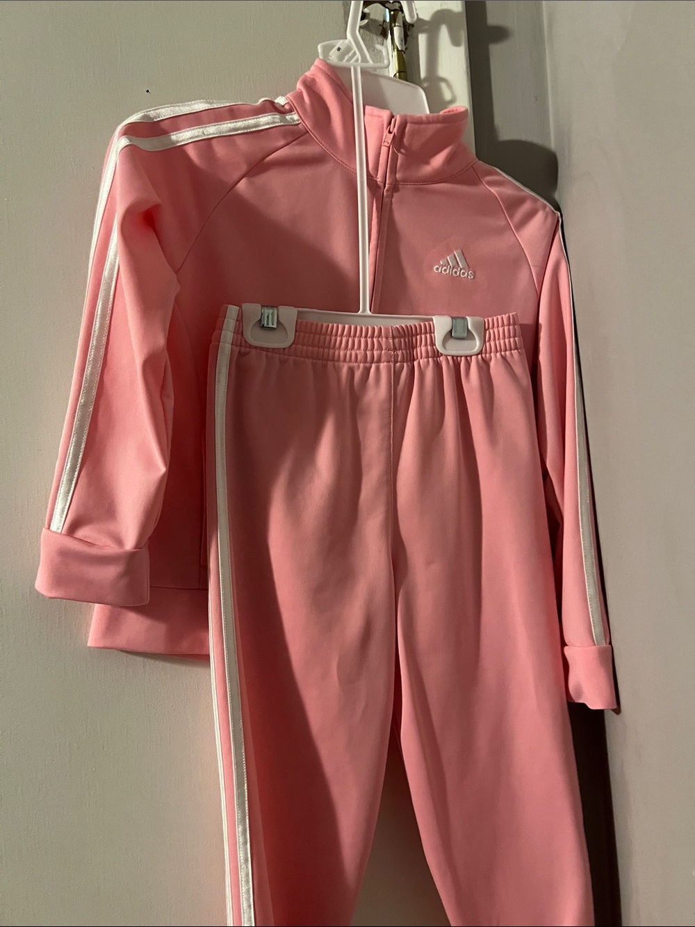 adidas Kids Pink Track Jacket and Pants Set with White Stripes